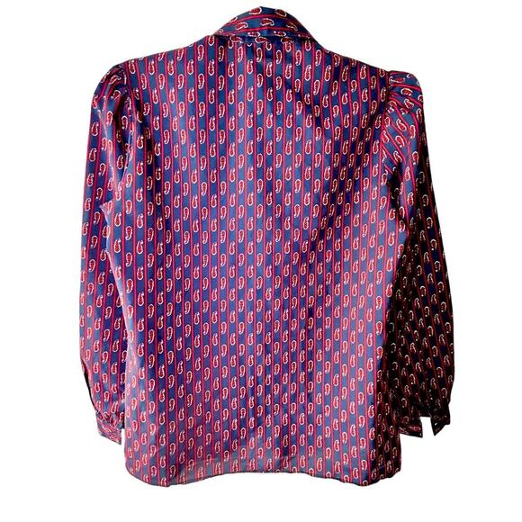Vintage Paisley Blouse Puffy Sleeves Navy Red Silky Button Up Size Small - Picture 7 of 11
